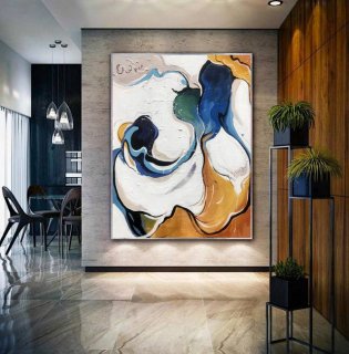 Blue Original Handmade Painting White Yellow Abstract Canvas Wall Art Y4KIM Blue Original Handmade Painting White Yellow Abstract Canvas Wall Art Y4KIM