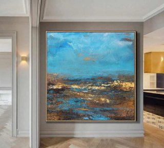 Gold Original Hand-painted Leaf Blue Beach Abstract Canvas Wall Art 0IQ03 Gold Original Hand-painted Leaf Blue Beach Abstract Canvas Wall Art 0IQ03
