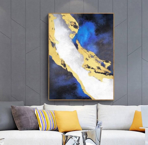 Abstract Original Gold Blue Painting Abstract Canvas Artwork 4Z8TJ