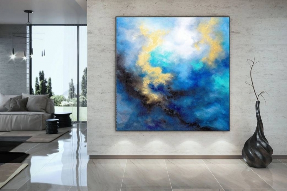 Bedroom Handmade Hand-painted Living Blue Yellow Abstract Canvas Artwork 50AAE