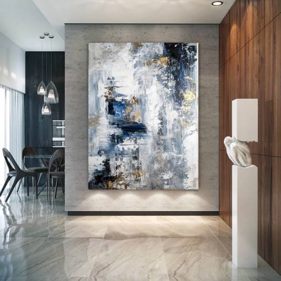 Blue Hand-painted Leaf Modern Abstract Canvas Artwork XE81C Blue Hand-painted Leaf Modern Abstract Canvas Artwork XE81C