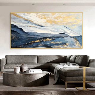 Gold Hand-painted Leaf Blue Mountain Abstract Canvas Wall Art JUNF9 Gold Hand-painted Leaf Blue Mountain Abstract Canvas Wall Art JUNF9