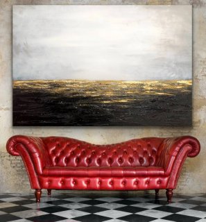 Leaf Handmade Original Golden Minimalist Abstract Canvas Artwork VPWD4