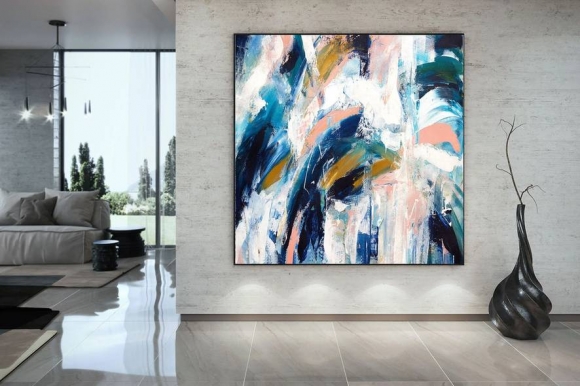 Pink Handmade White Painting Blue Abstract Canvas Wall Art 1FD2P