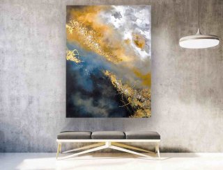 White Handmade Blue Abstract Hallway Abstract Canvas Artwork 7O5W0