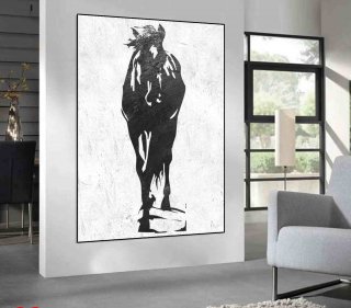 Horse Original White Black Painting Abstract Canvas Artwork 5D77V