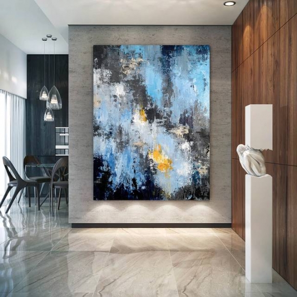 Painting Original Black Yellow Blue Abstract Canvas Wall Art 371Z9