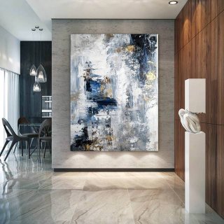 Entryway Original Modern Blue White Abstract Canvas Artwork 9A4ZX