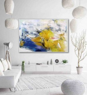 Blue Original Energy Yellow Painting Abstract Canvas Wall Art 2RTTJ