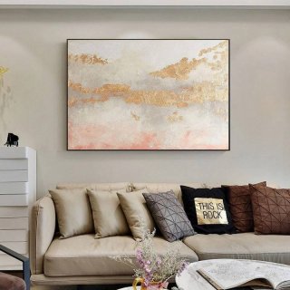 Gold Hand-painted Leaf Contemporary Abstract Canvas Wall Art 7KEVR