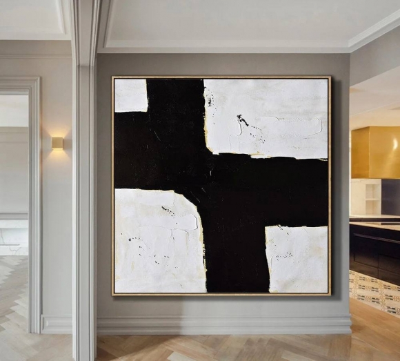 White Original Hand-painted Minimalist Painting Black Abstract 1VZY5 White Original Hand-painted Minimalist Painting Black Abstract 1VZY5