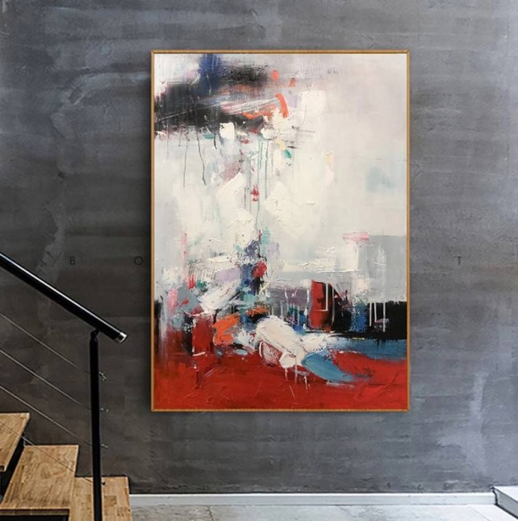 Modern Hand-painted Dining White Red Abstract Canvas Artwork V7WL3