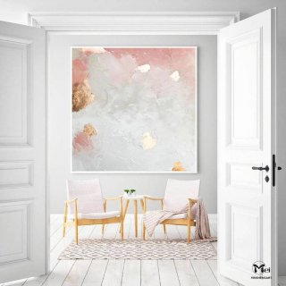 Pink Original Leaf Gold Painting Abstract Canvas Artwork 5YZ7Q
