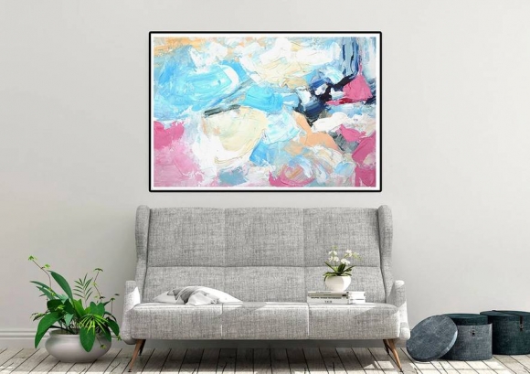 Office Hand-painted Living Blue Oversize Abstract Canvas Wall Art Q7K7R