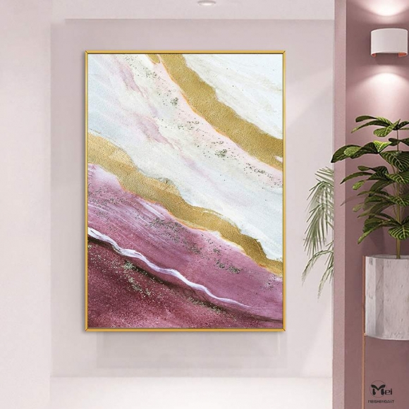 Leaf Gold Pink Purple Painting Abstract Canvas Wall Art 1NPIZ