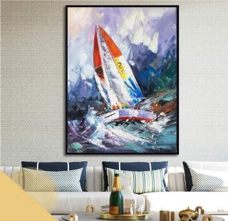 Purple Painting Canvas Sailboat Nautical Abstract Wall Art T486O