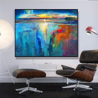 Landscape Sea Evening Blue Abstract Canvas Wall Art QZ9RN