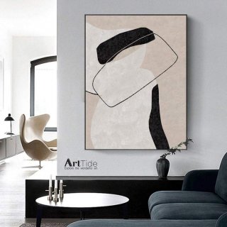 White Black Beige Minimal Textured Abstract Canvas Wall Art NH3AQ