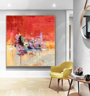 Entryway Hand-painted Handmade Red Dining Featured Abstract Canvas 1FE08