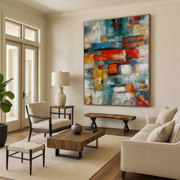 Red Geometric Urban Contemporary Abstract Canvas Wall Art F2U89