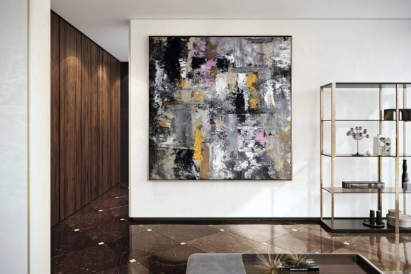 Gold Handmade Hallway Grey Abstract Canvas Wall Art H5OY2