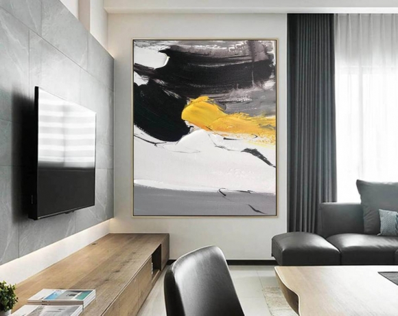 White Hand-painted Handmade Black Painting Yellow Abstract Canvas J129C