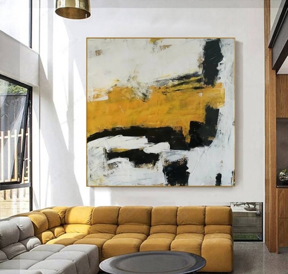 Painting Minimal Black Yellow Abstract Canvas Artwork 9IZM3