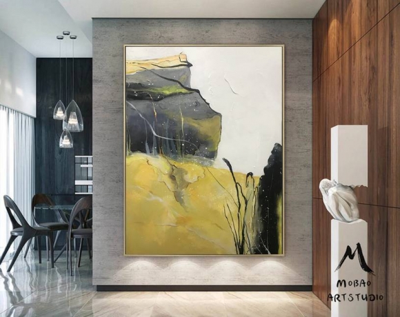 Abstract Yellow Painting Grey Abstract Canvas Wall Art LKN3Q