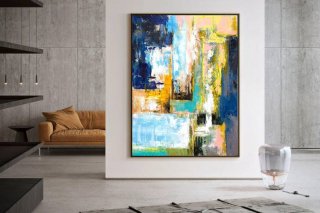 Modern Handmade Painting White Yellow Abstract Canvas Wall Art 7UA8U
