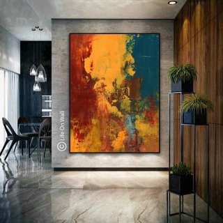 Blue Original Yellow Painting Dark Abstract Canvas Artwork S7519