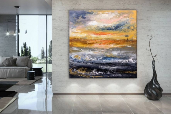 Yellow Hand-painted Coastal Modern Abstract Canvas Artwork OP8AR Yellow Hand-painted Coastal Modern Abstract Canvas Artwork OP8AR