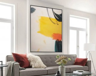 White Hand-painted Yellow Abstract Black Abstract Canvas Artwork EX8TQ