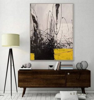 Dining Handmade Yellow Gray Hallway Abstract Canvas Wall Art I4UAE