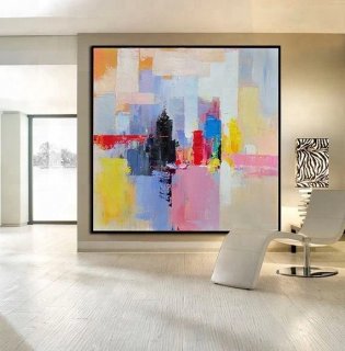 Colorful Hand-painted Cityscape Red Contemporary Abstract Canvas ZZLV9