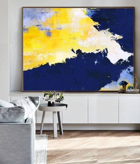 Blue Hand-painted Handmade Painting Yellow White Abstract Canvas Artwork 7IN0Q Blue Hand-painted Handmade Painting Yellow White Abstract Canvas Artwork 7IN0Q