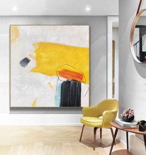 Yellow Original Hand-painted White Office Abstract Canvas Artwork LZN0M
