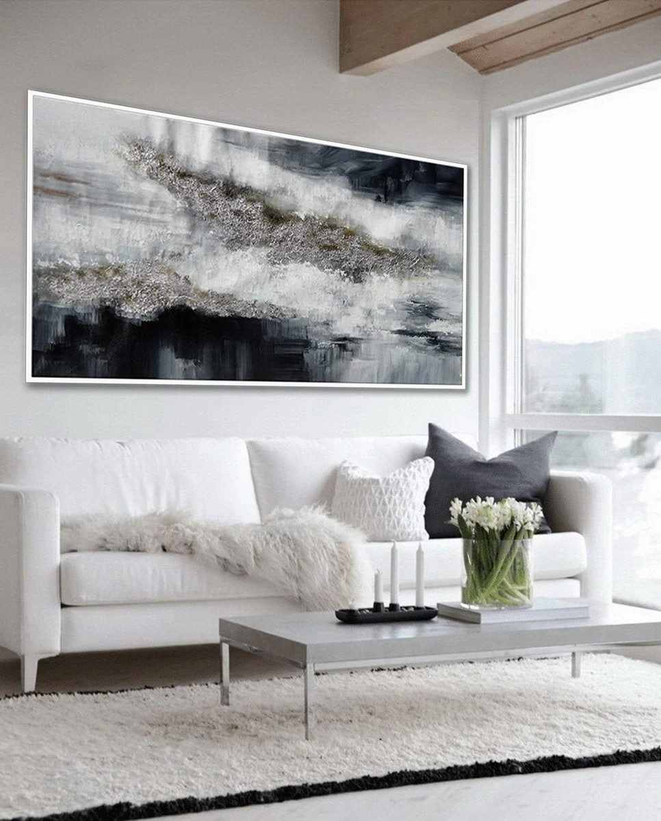 Silver Hand-painted Black Panoramic Painting Abstract Canvas Wall Art QAE71