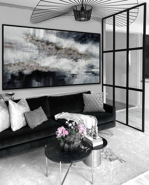 Silver Hand-painted Black Panoramic Painting Abstract Canvas Wall Art QAE71