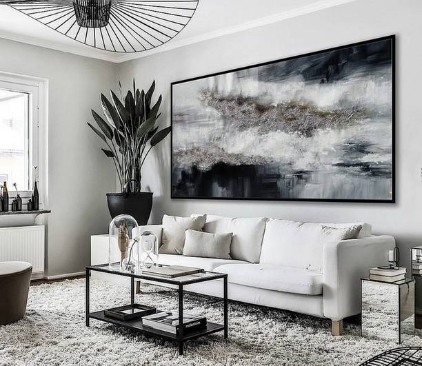 Silver Hand-painted Black Panoramic Painting Abstract Canvas Wall Art QAE71