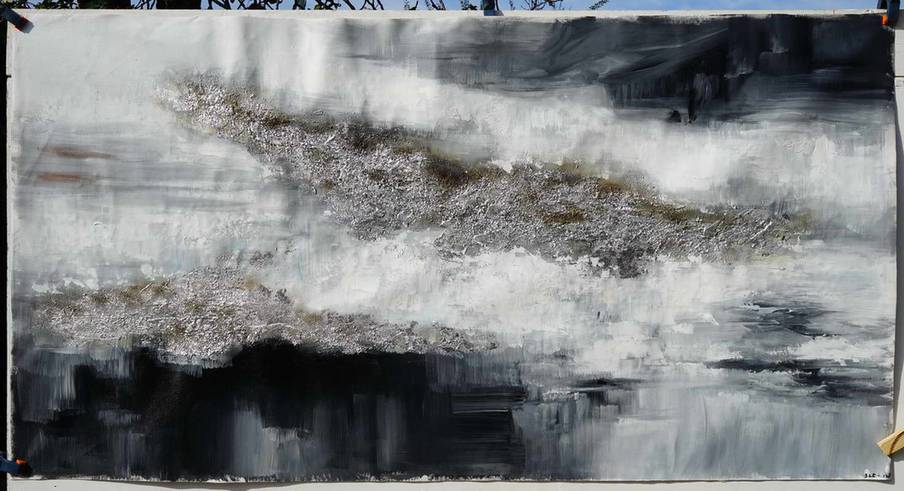 Silver Hand-painted Black Panoramic Painting Abstract Canvas Wall Art QAE71