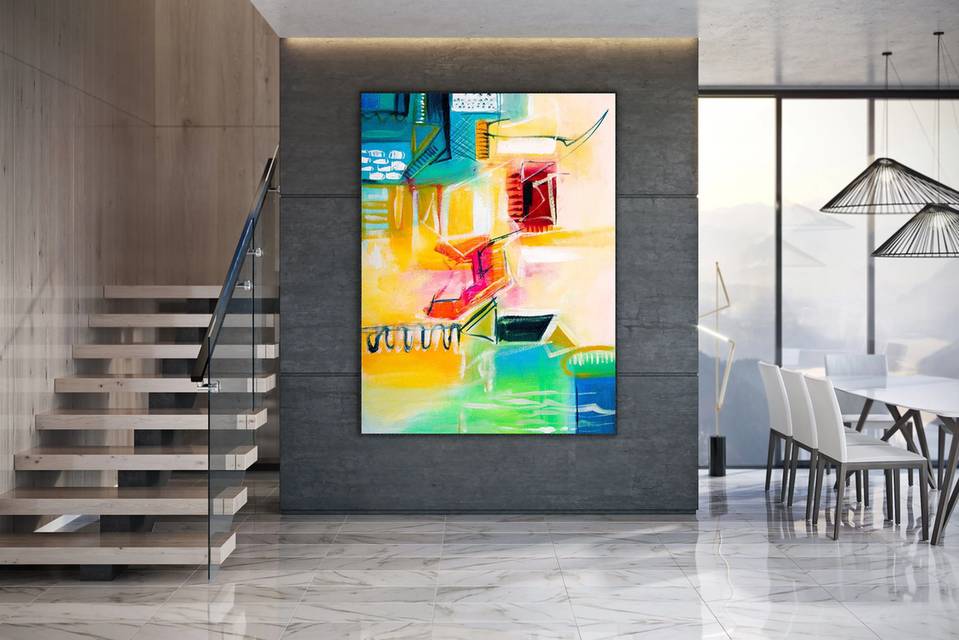 Colorful Original Handmade Green White Abstract Canvas Wall Art A6OHA