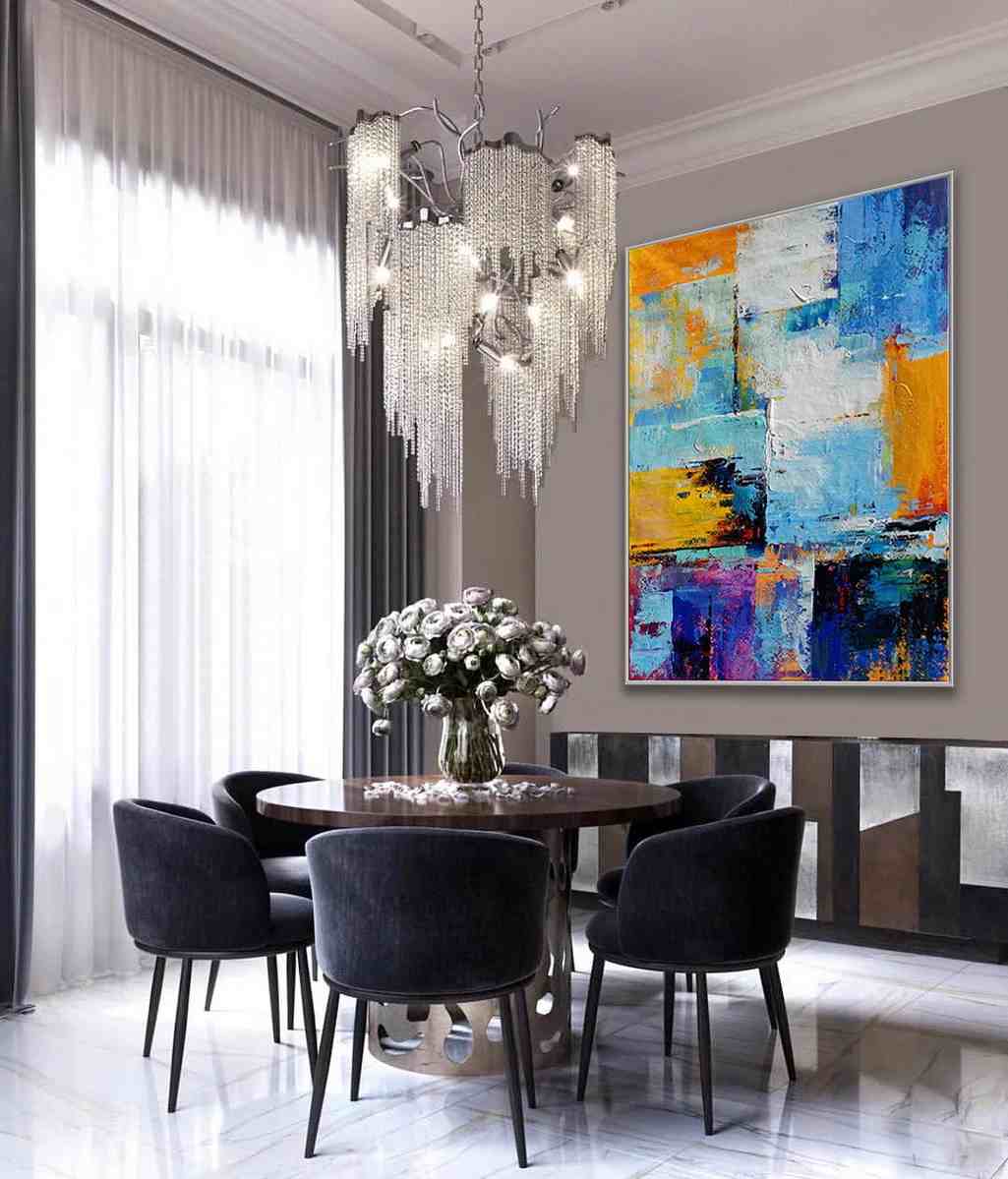 Purple Handmade Yellow Navy Vertical Abstract Canvas Artwork IG1RK