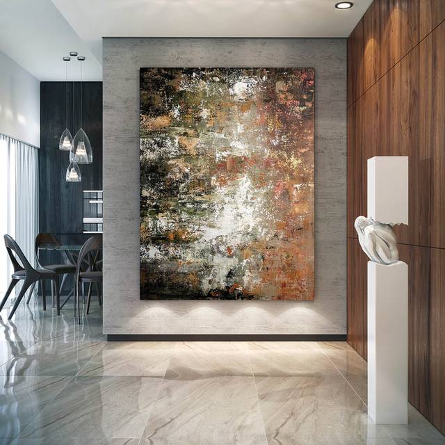Brown Hand-painted Original Office Bedroom White Abstract Canvas TR897