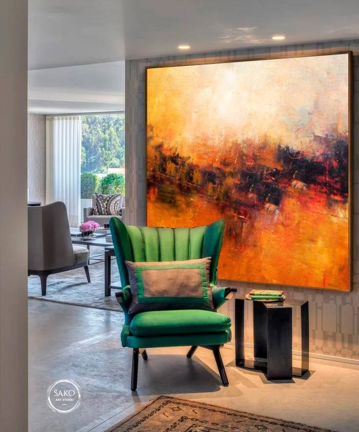 Sunset Hand-painted Handmade Yellow Modern Abstract Canvas Artwork 7OM32