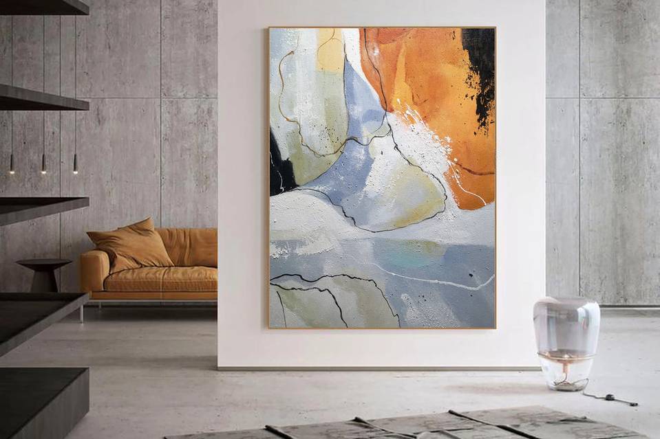 Minimal Hand-painted Original Gray Dining Yellow Abstract Canvas 0VLVB