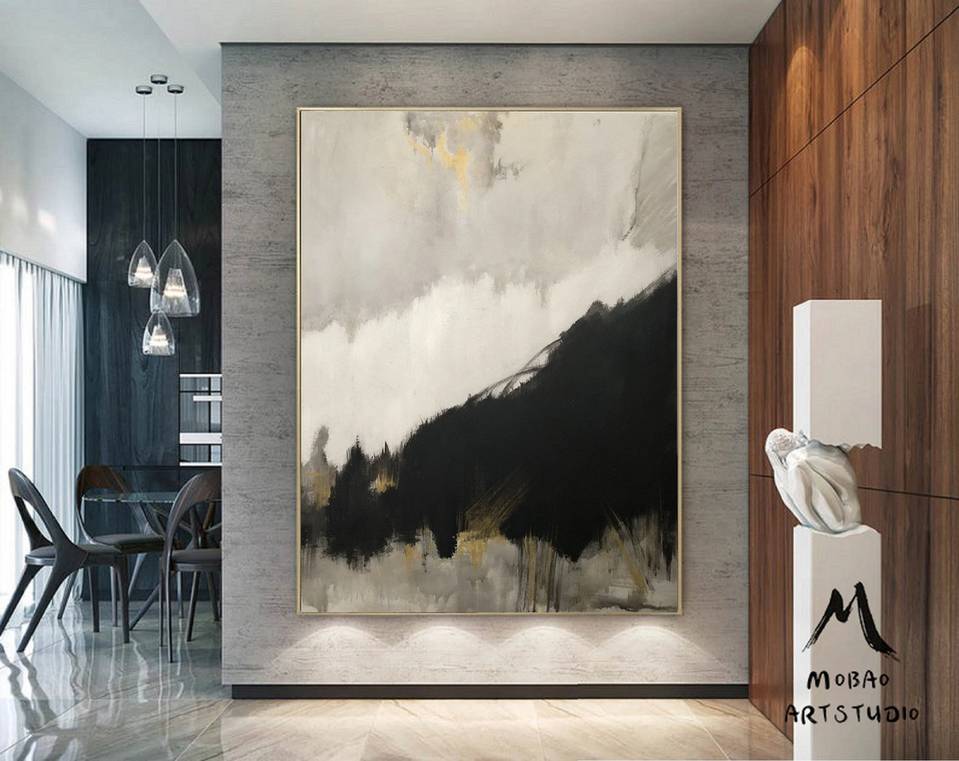 Gold Original Hand-painted Leaf Black Abstract Canvas Artwork O2L88