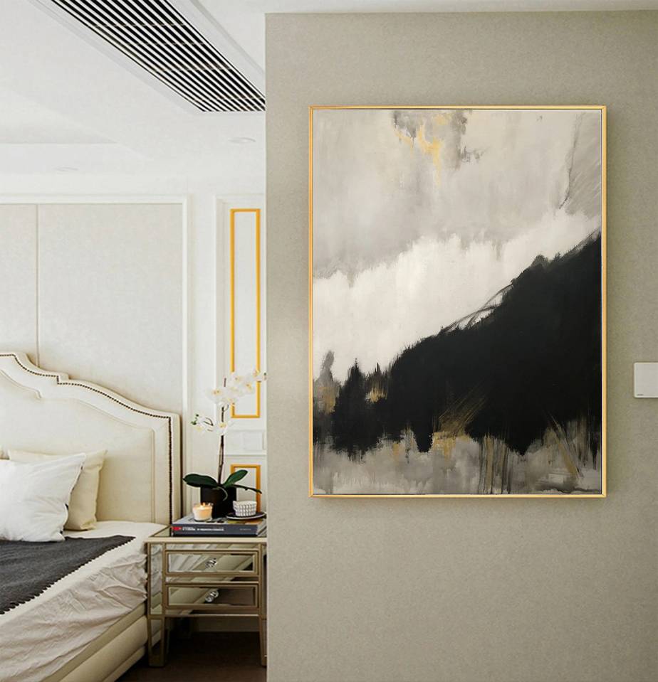 Gold Original Hand-painted Leaf Black Abstract Canvas Artwork O2L88