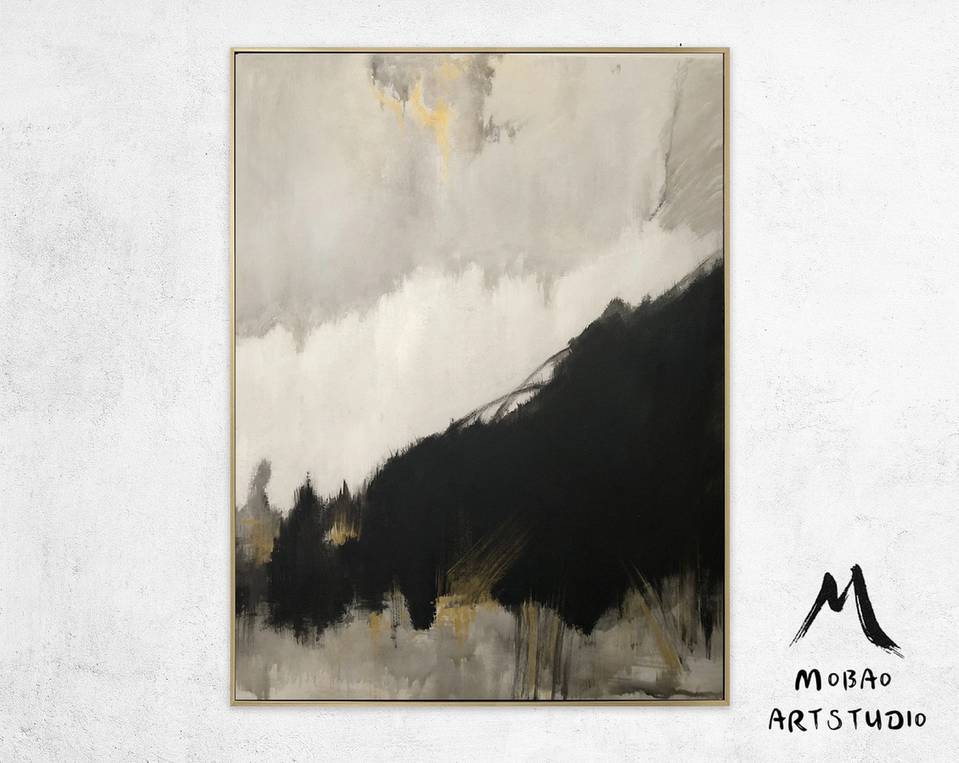 Gold Original Hand-painted Leaf Black Abstract Canvas Artwork O2L88