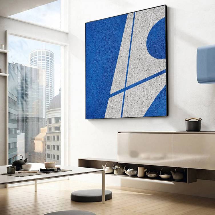 White Handmade Hand-painted Minimalist Painting Blue Abstract Canvas 4ZR57