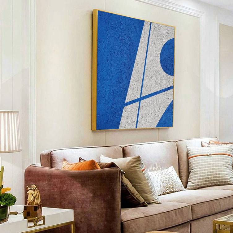 White Handmade Hand-painted Minimalist Painting Blue Abstract Canvas 4ZR57